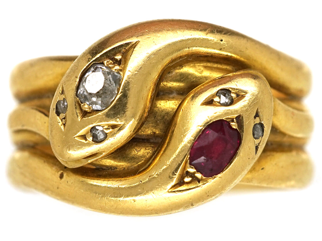 Victorian 18ct Gold, Ruby & Diamond Double Snake Ring - The Antique