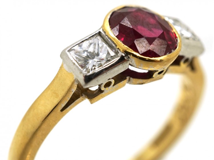 18ct Gold, Diamond & Ruby Three Stone Ring - The Antique Jewellery Company