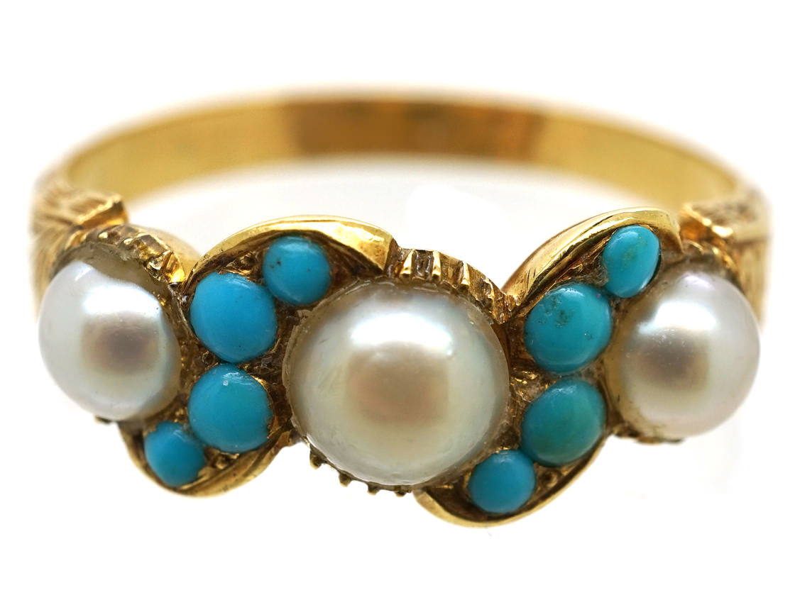 Regency 15ct Gold Turquoise & Pearl Ring - The Antique Jewellery Company