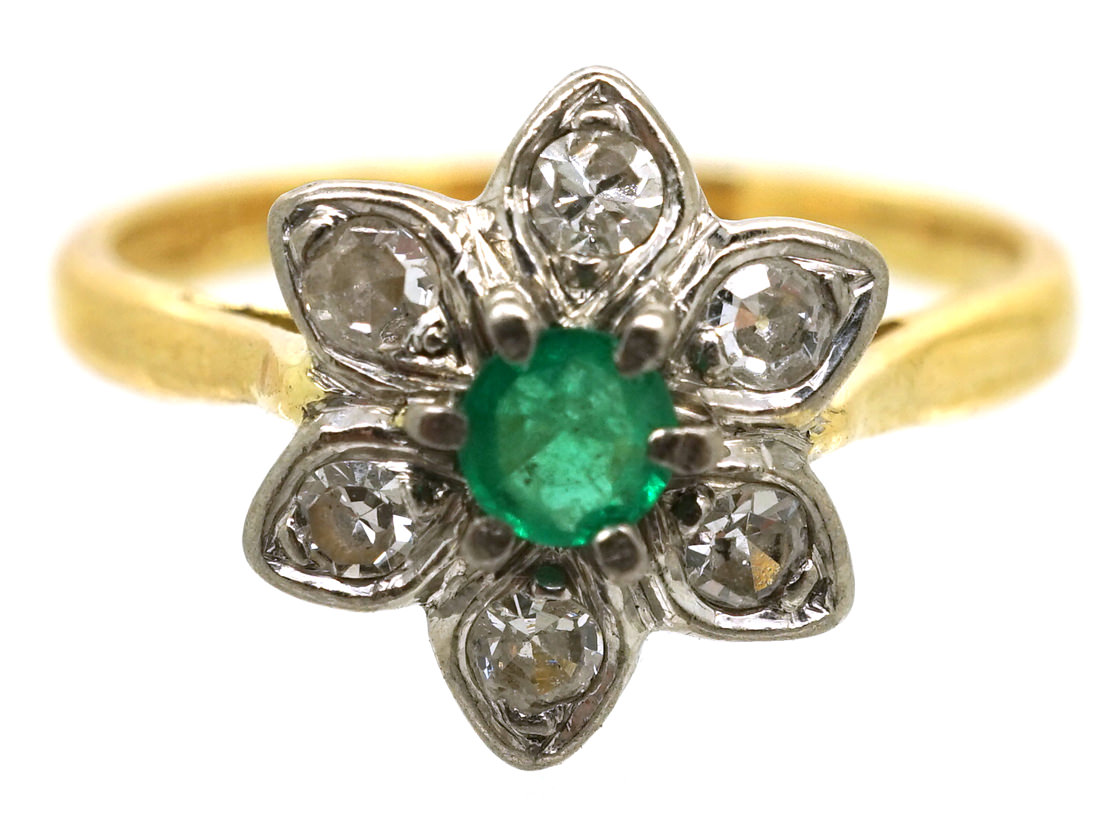 18ct Gold, Emerald & Diamond Flower Ring - The Antique Jewellery Company