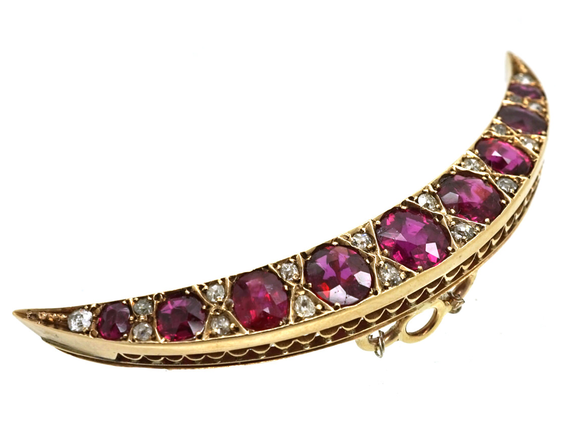 Victorian 15ct Gold, Ruby & Diamond Crescent Brooch - The Antique