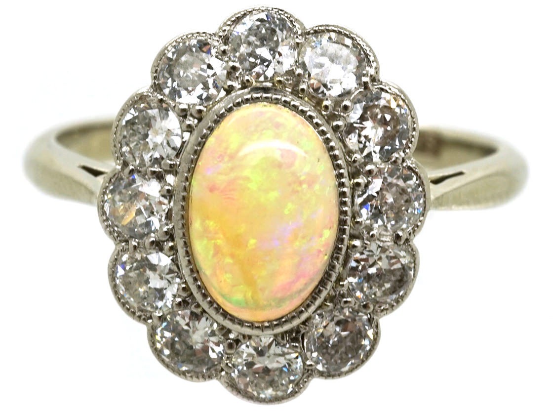 Edwardian 18ct Gold, Platinum, Opal & Diamond Oval Cluster Ring - The ...