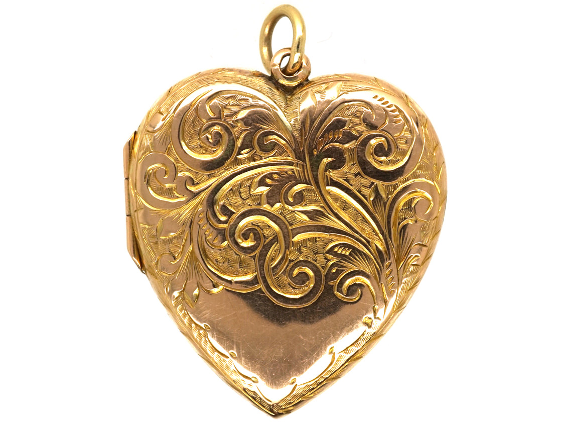 Edwardian 9ct Gold Engraved Heart Shaped Locket - The Antique Jewellery ...