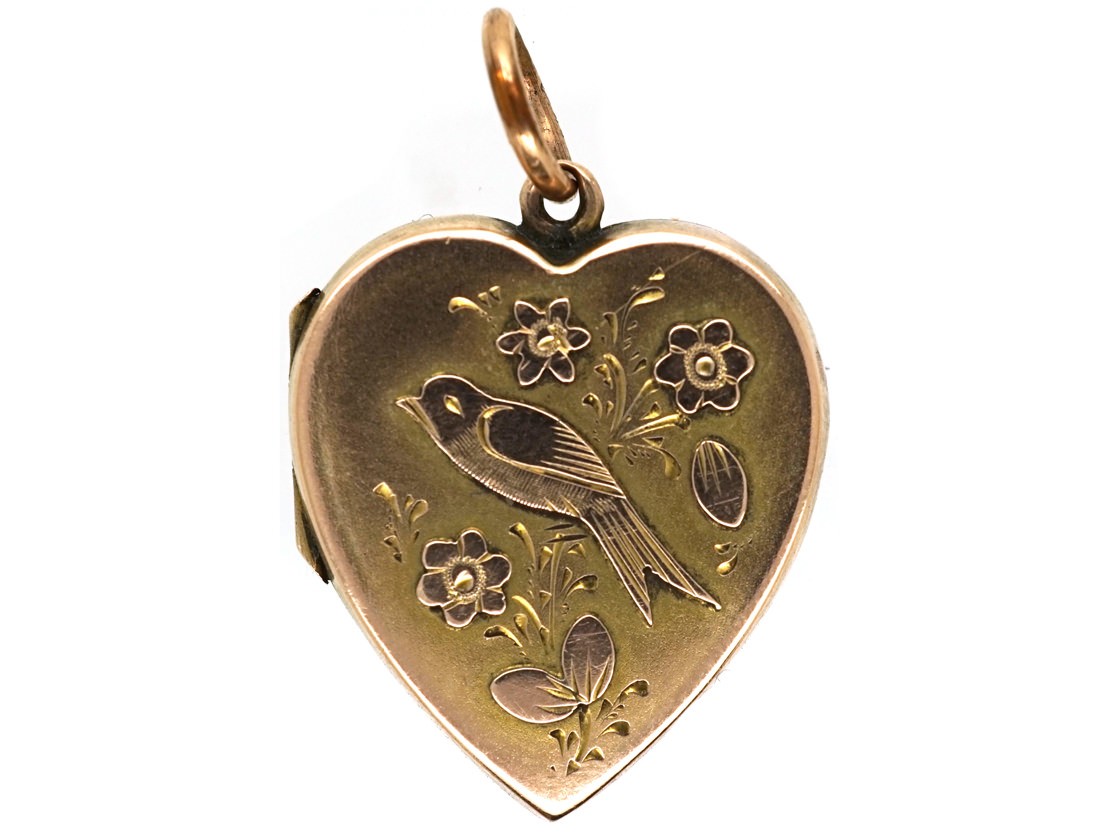 Edwardian 9ct Gold Heart Shaped Locket With Swallow Motif - The Antique