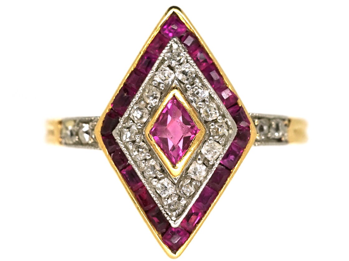 Art Deco 18ct Gold & Platinum, Ruby & Diamond, Diamond Shaped Ring ...