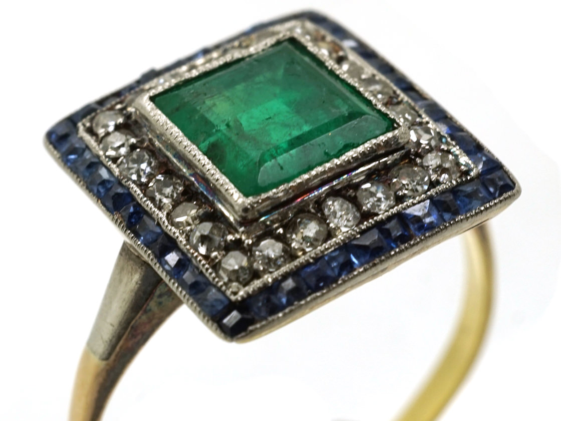 Art Deco Sapphire, Emerald & Diamond Square Ring - The Antique