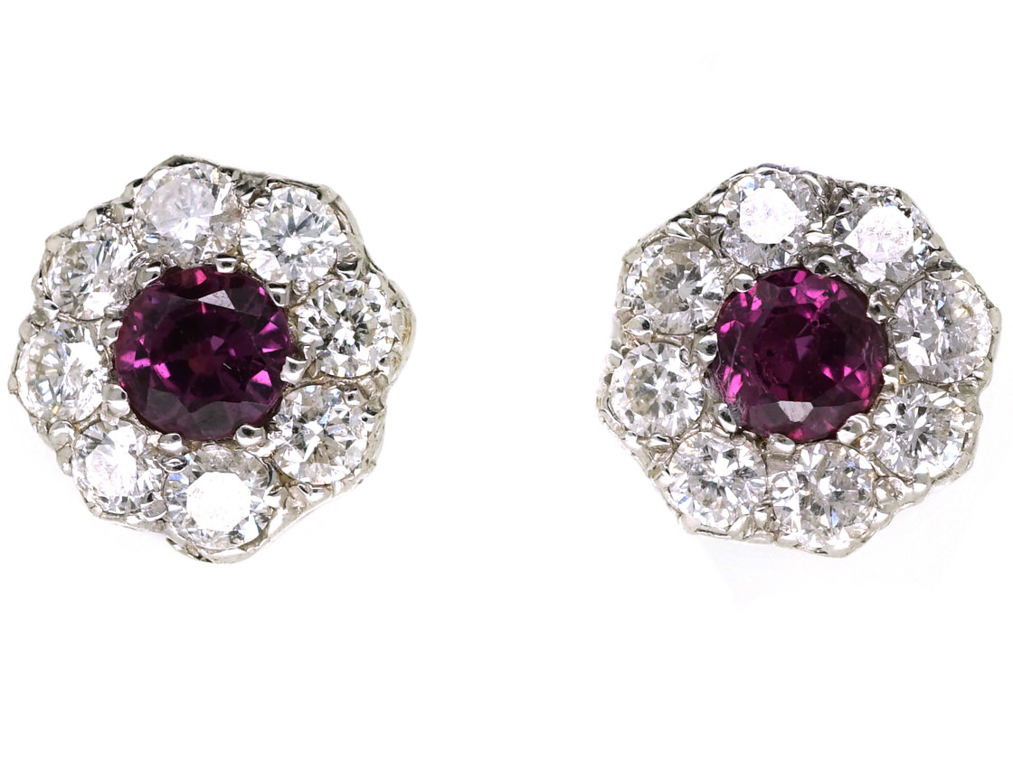 18ct White Gold Ruby & Diamond Cluster Earrings - The Antique Jewellery ...