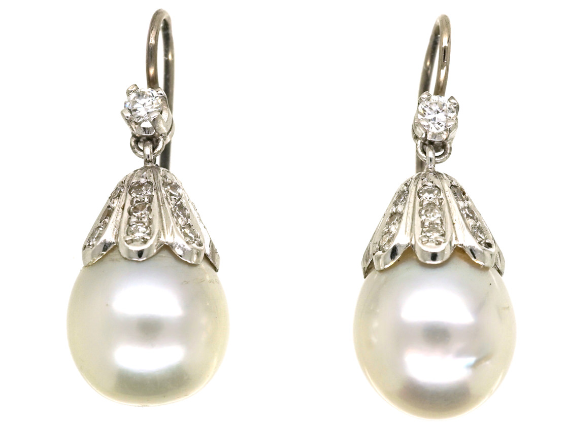 18ct White Gold, Large Pearl & Diamond Drop Earrings - The Antique ...