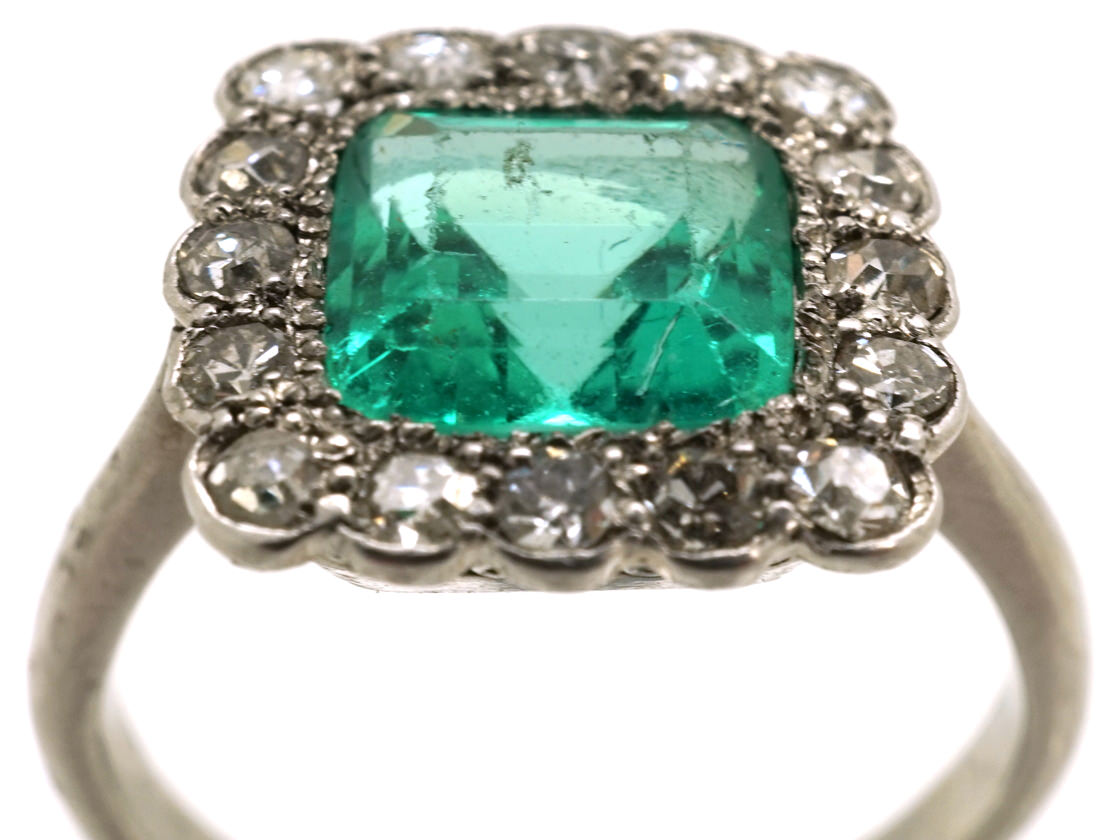 Art Deco Platinum, Emerald & Diamond Square Ring - The  