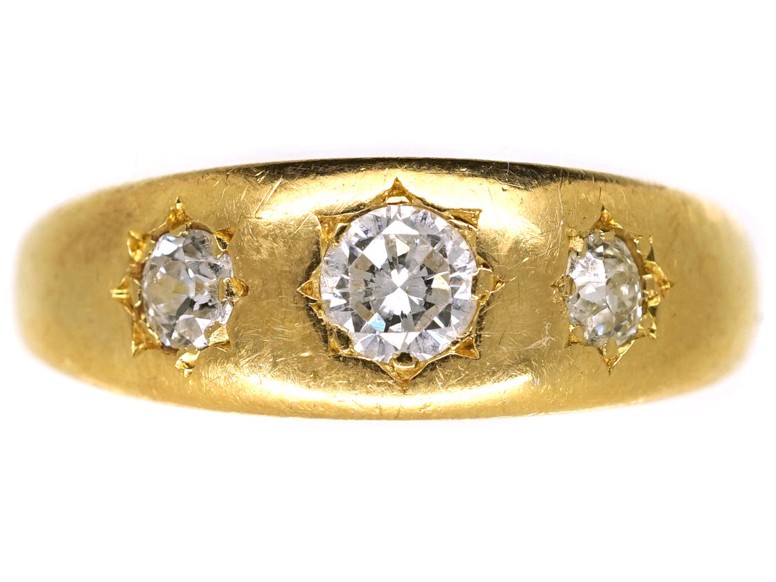 Victorian 18ct Gold & Three Stone Diamond Gypsy Ring The