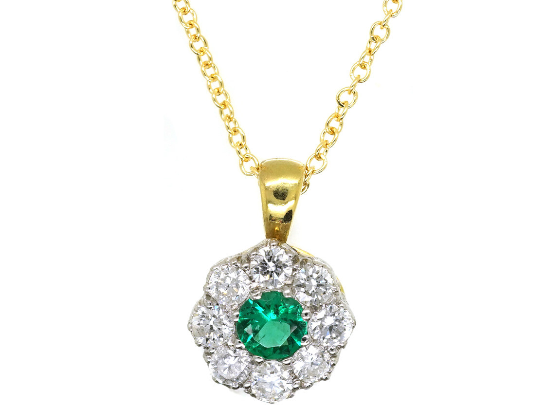 Emerald & Diamond Cluster Pendant on Gold Chain - The Antique Jewellery